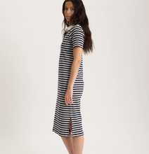Load image into Gallery viewer, IDLF Romane Jersey Stripe Polo Dress Navy Ecru