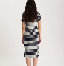 Load image into Gallery viewer, IDLF Romane Jersey Stripe Polo Dress Navy Ecru
