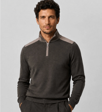 Load image into Gallery viewer, T&V Merino Wool 1/4 Zip Sweater w/Contrast Collar Taupe