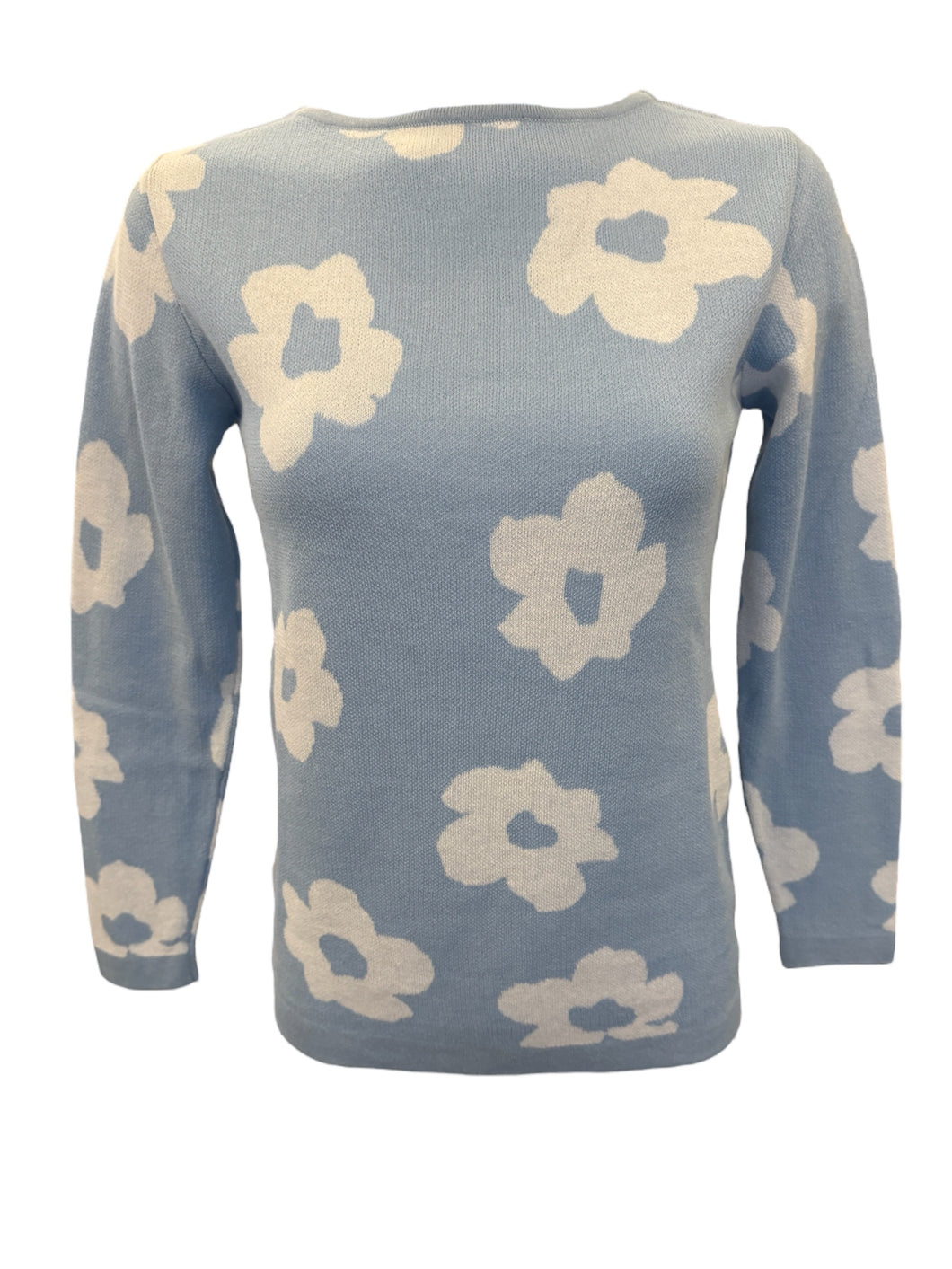 Blue Women's Cotton Sweater Light Blue w/White Flowers