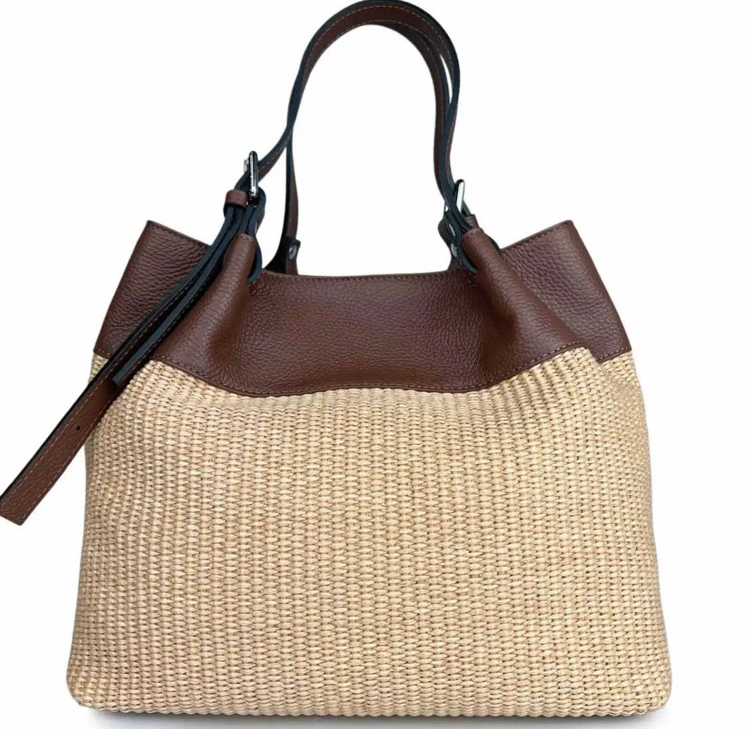 JIJOU CAPRI - Chic Woven and Leather Tote Brown