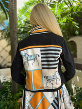Load image into Gallery viewer, Stacy Bradley Black Denim Jacket / Blue and Black Horse
