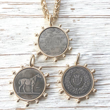 Load image into Gallery viewer, VB&amp;C Matte Gold Horse &amp; French Bee Coin Necklace

