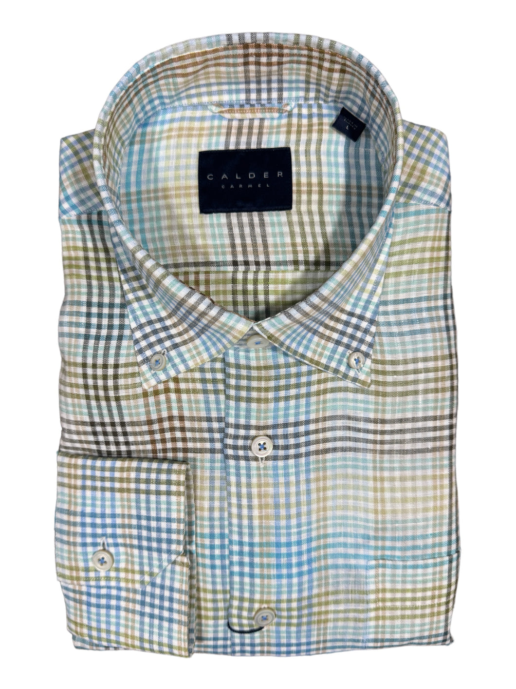 Calder Shirt Plain Weave Linen Plaid in Sage
