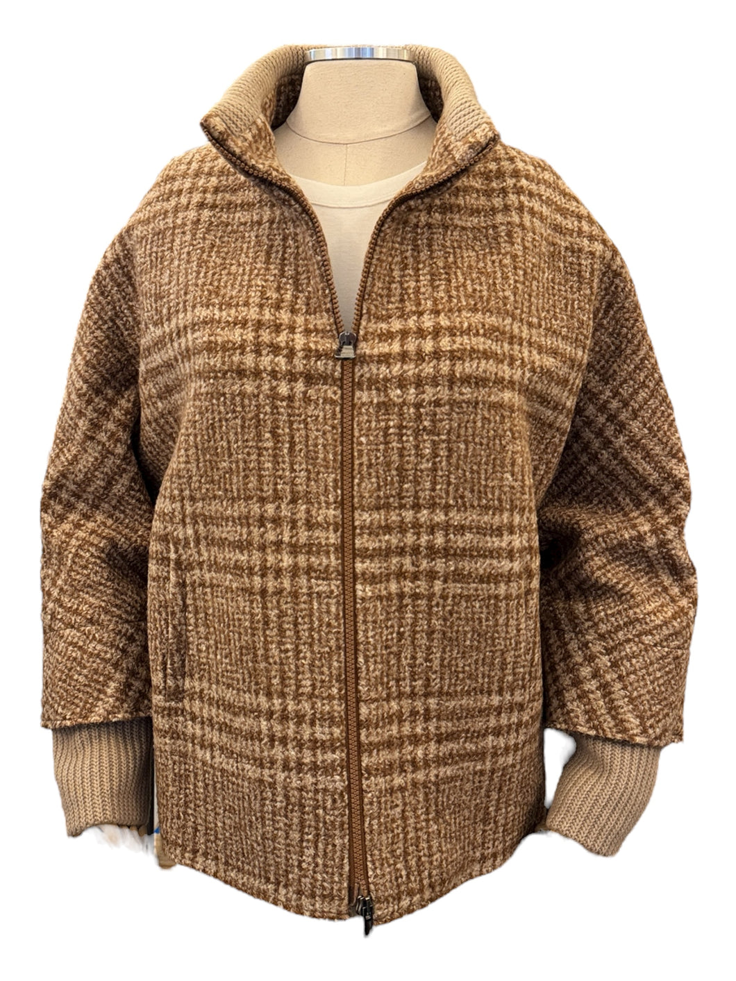 Cinzia Rocca Wool Blend Coat with Ribbed Collar Rust Plaid