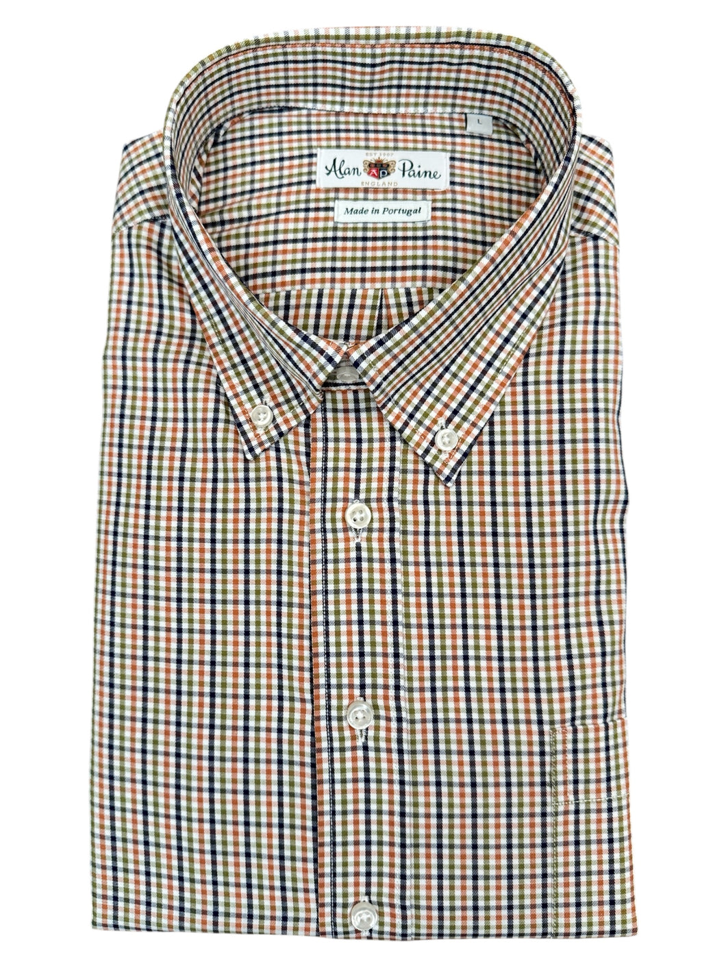 Alan Paine BD Cotton Classic Fit Check Shirt - Orange/Navy/Olive
