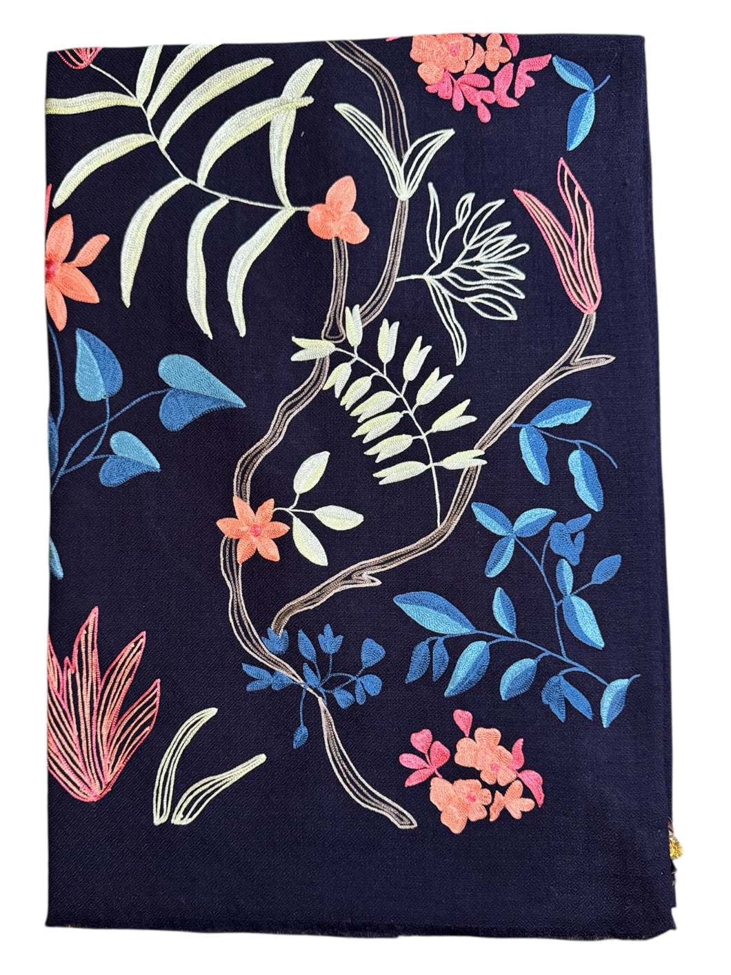Janavi Merino Wool Navy Shawl w/Embroidered Flowers