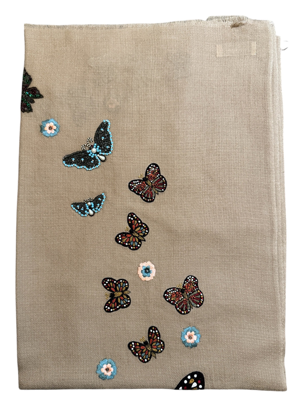 Janavi Merino Wool Shawl w/Embroidered and Beaded Butterflies