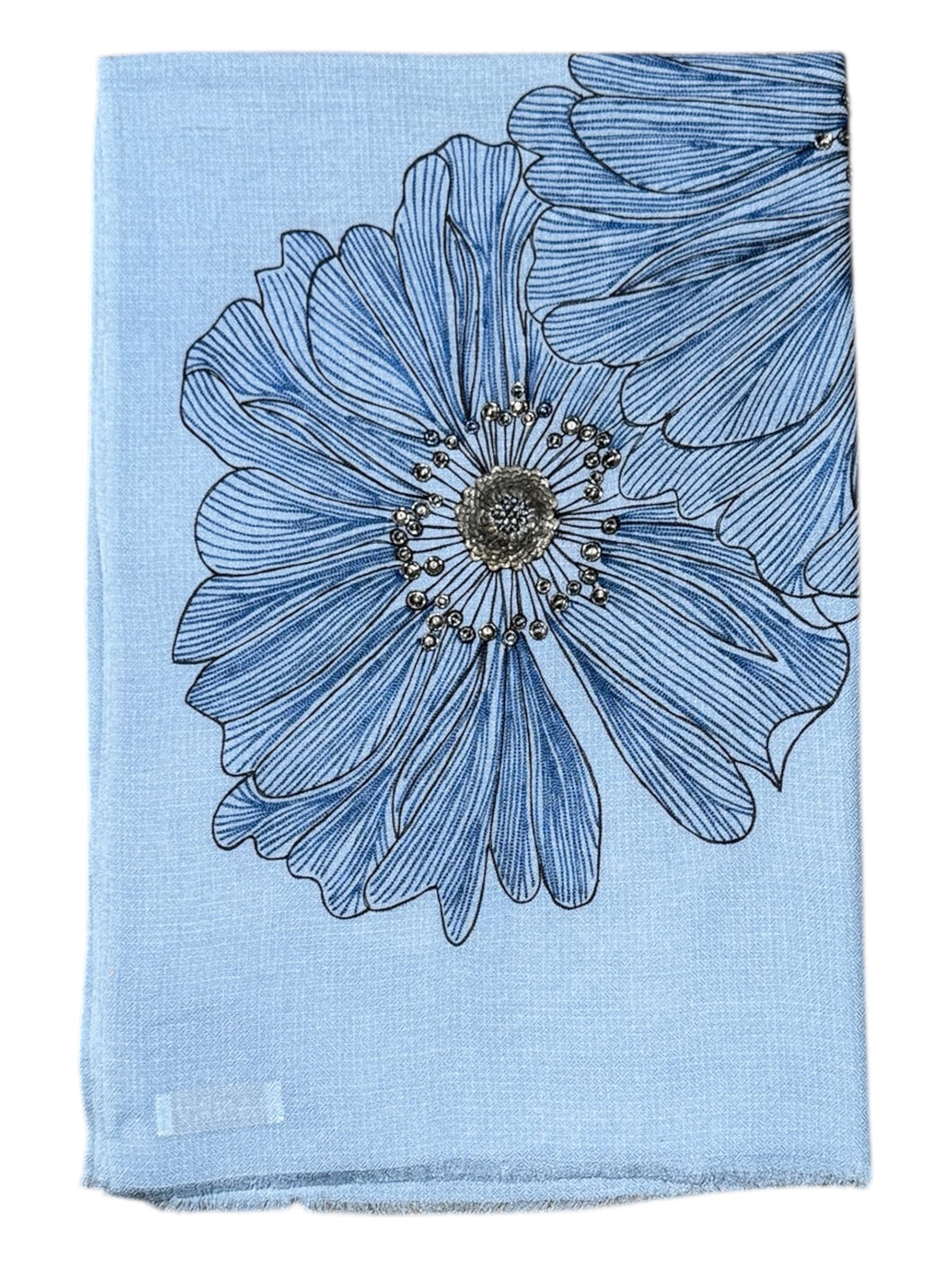 Janavi Merino Wool Shawl w/Large Embroidered Flower Blue