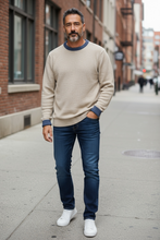 Load image into Gallery viewer, Bob Knit Crewneck Reversible Wool Sweater Blue/Taupe
