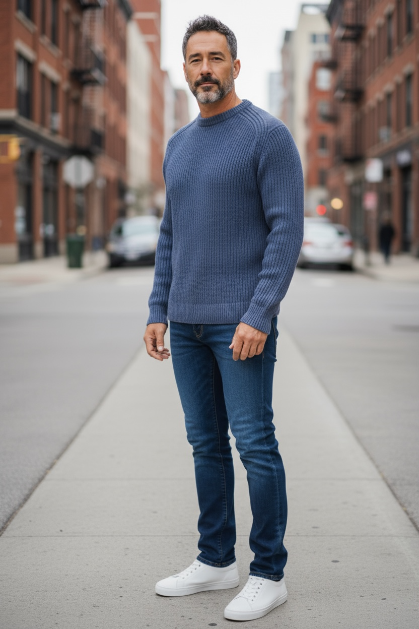 Bob Knit Crewneck Reversible Wool Sweater Blue/Taupe