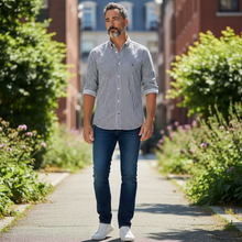 Load image into Gallery viewer, Hartford Seersucker BD Shirt Navy Stripe w/Pheasants
