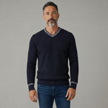 Load image into Gallery viewer, Alan Paine Kenington Cricket Tipped V-Neck Sweater Navy
