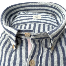 Load image into Gallery viewer, GMF Cotton Seersucker Shirt Light Blue/Navy Stripe
