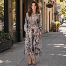 Load image into Gallery viewer, Camicetta Snob LS Satin Shirt Dress - Blue/Brown Ikat
