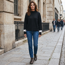 Load image into Gallery viewer, Scaglione Wool Creweck Sweater Black w/Ivory Accents
