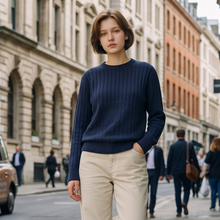 Load image into Gallery viewer, Flora Fedi Cashmere Blend Crew Sweater with Ribbed Texture Navy
