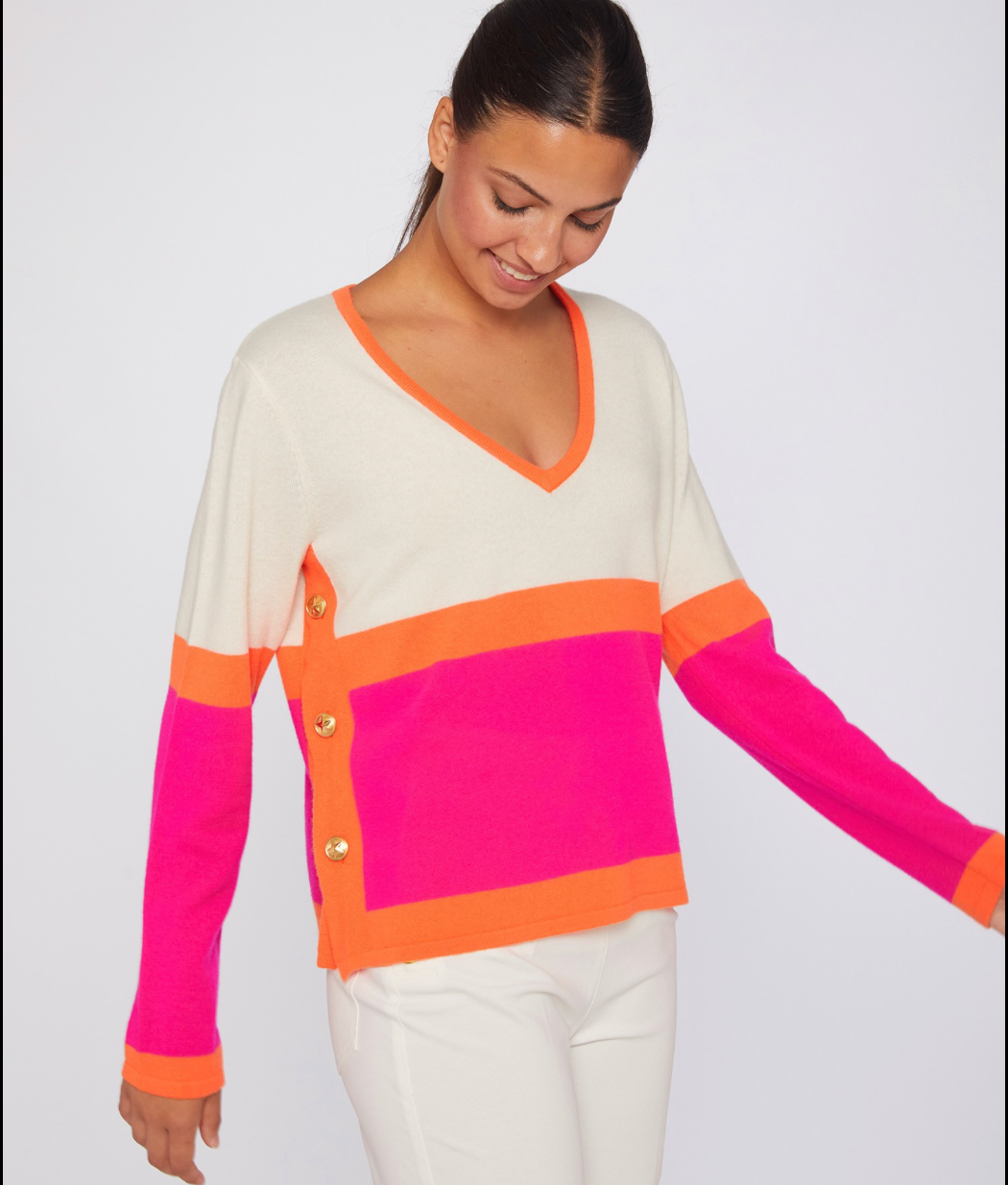 Vilagallo Sweater Color Block Ecru/Pink