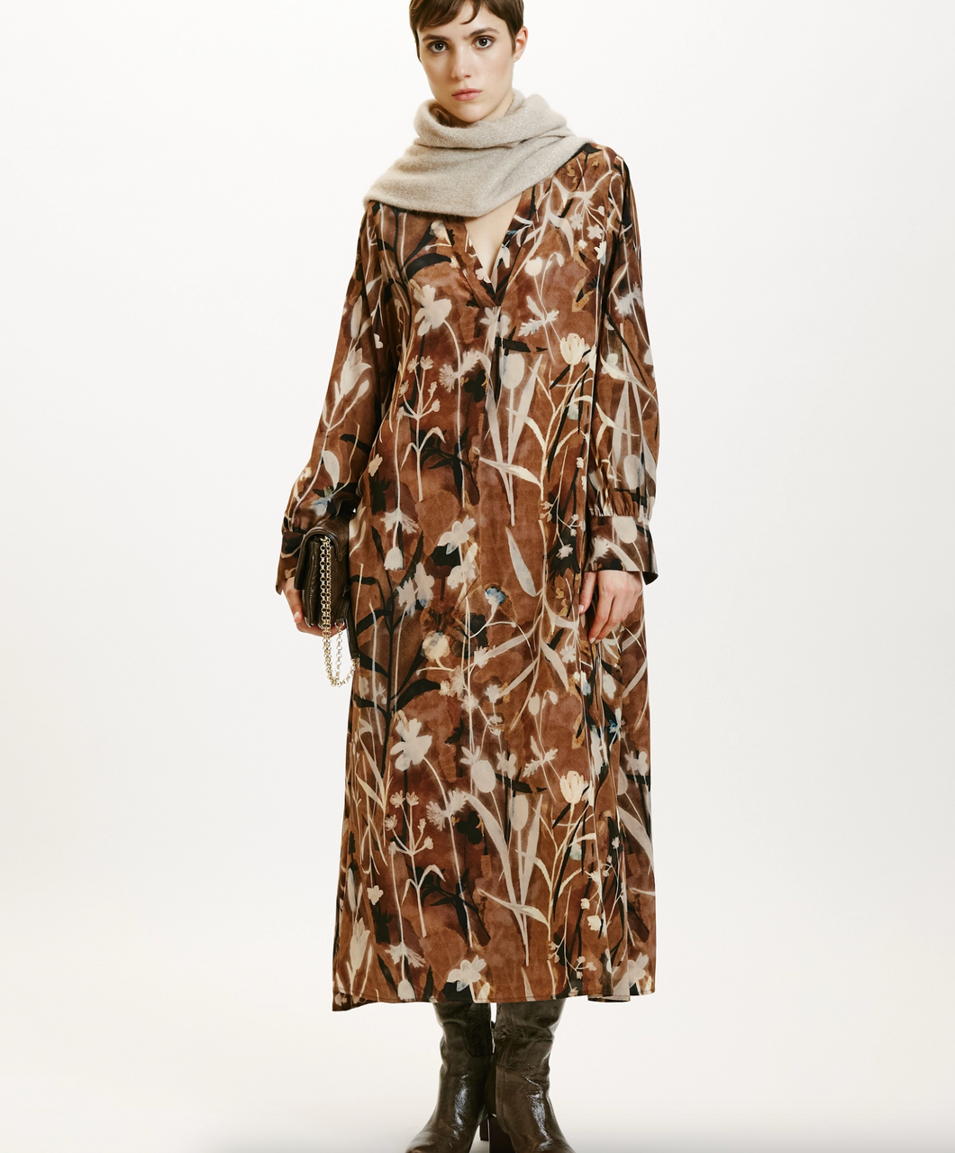 Momoni Wani Crepe Silk Dress Brown Floral