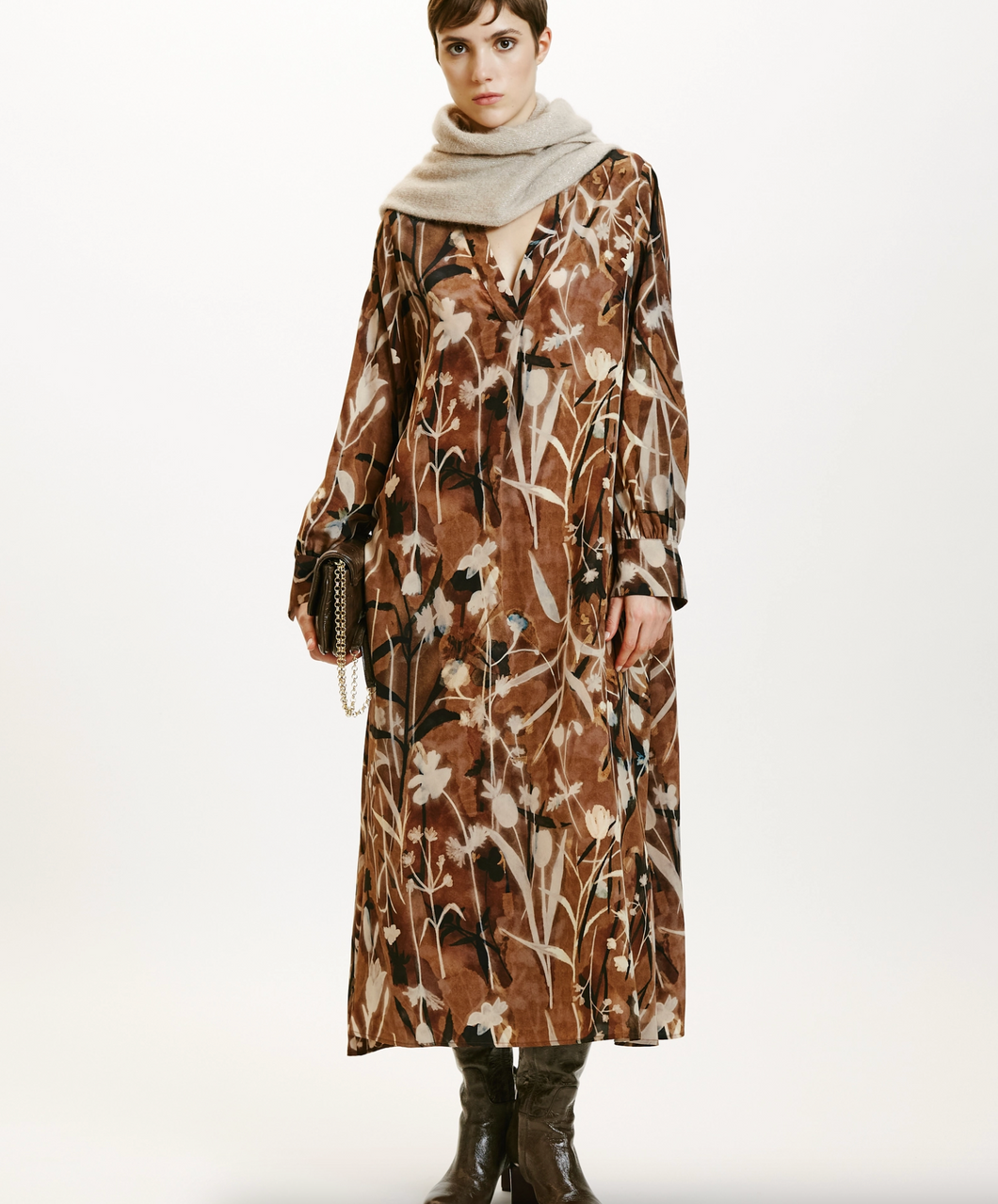 Momoni Wani Crepe Silk Dress Brown Floral Tweed & Vine Momoni Wani Crepe Silk Dress Brown Floral Tweed & Vine