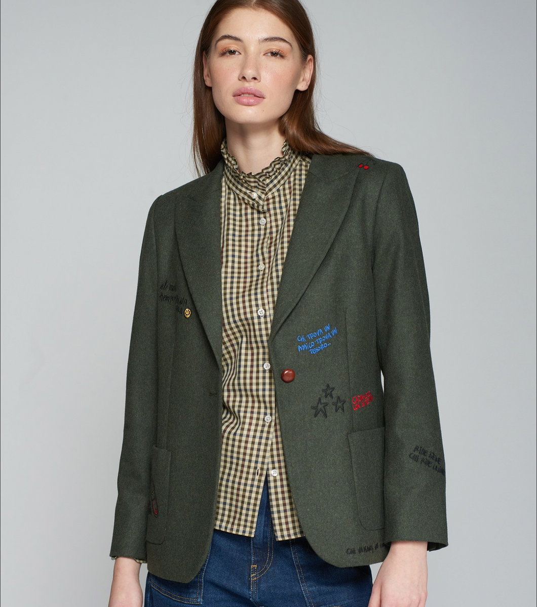 Vilagallo Jacket Loden Green w/Embroidered Phrases