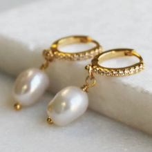 Load image into Gallery viewer, Silver Wren Isa Pearl &amp;CZ Gold Hoop Earrings
