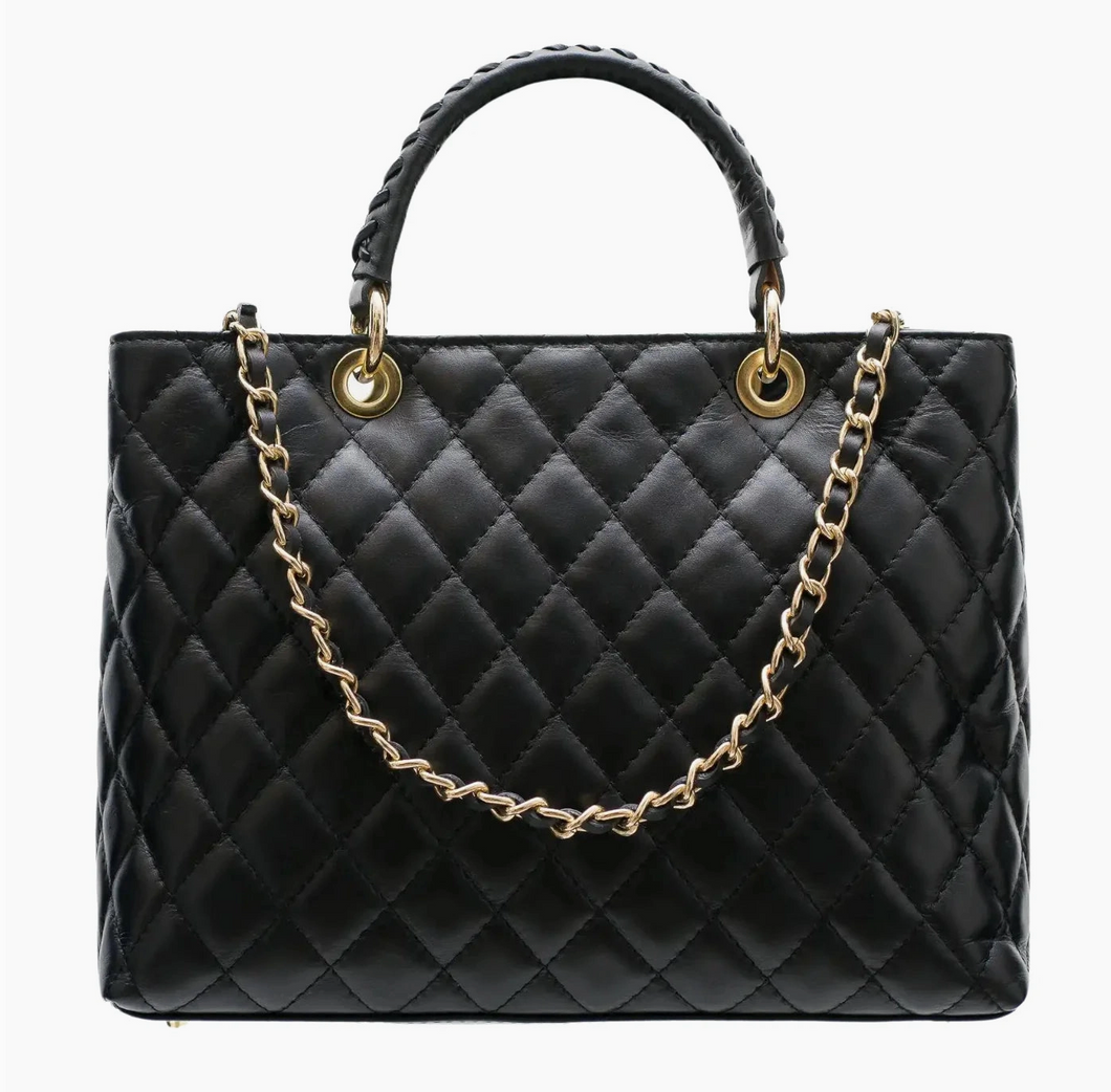 Modarno Quilted Leather Handbag w/Woven Handle