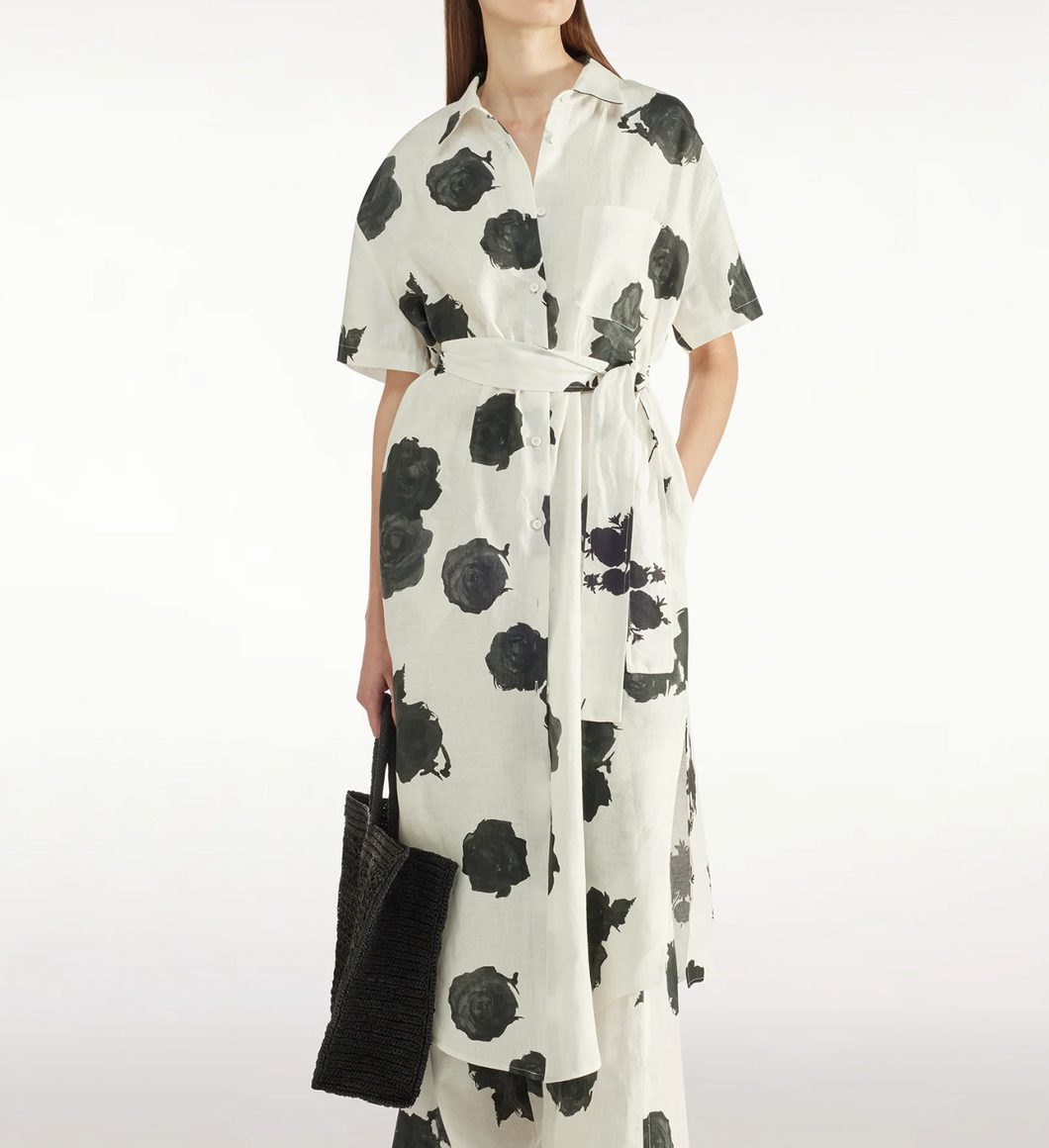 Liviana Conti Linen Shirt Dress White w/Black Roses