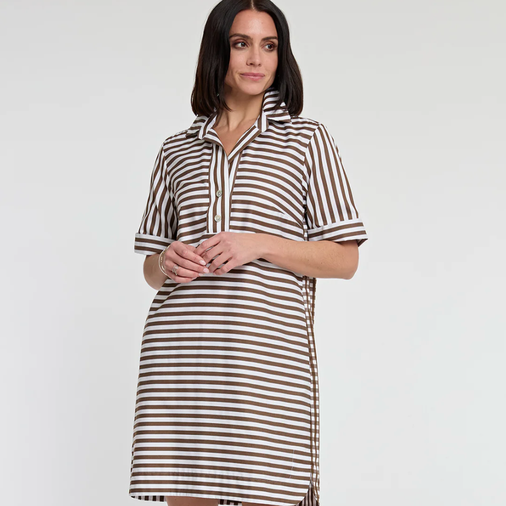 Hinson Wu Aileen SS Stripe/Gingham Dress - Caramel/White