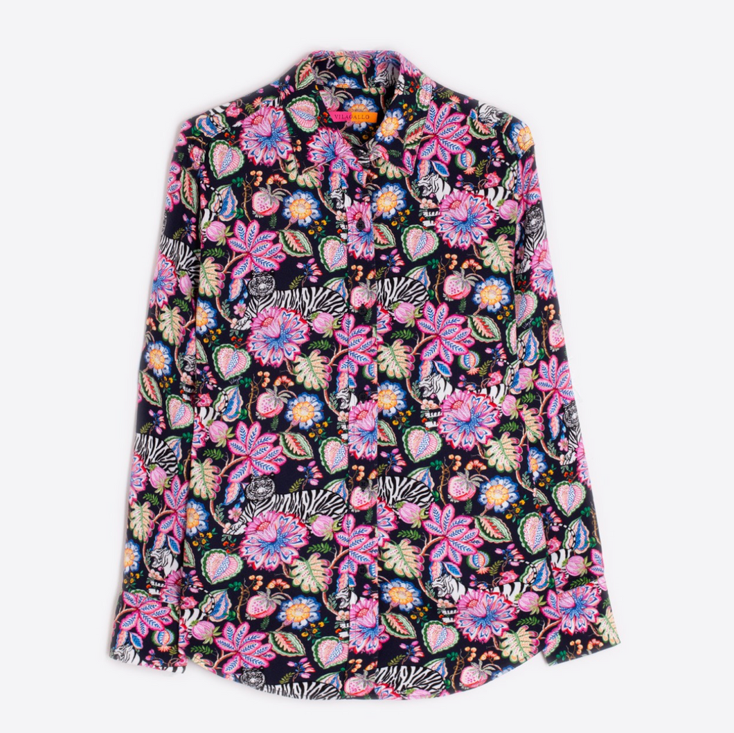 Vilagallo Shirt Navy Tiger and Floral Print