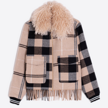 Load image into Gallery viewer, Vilagallo Checked Wool Bomber Jacket w/Fringe
