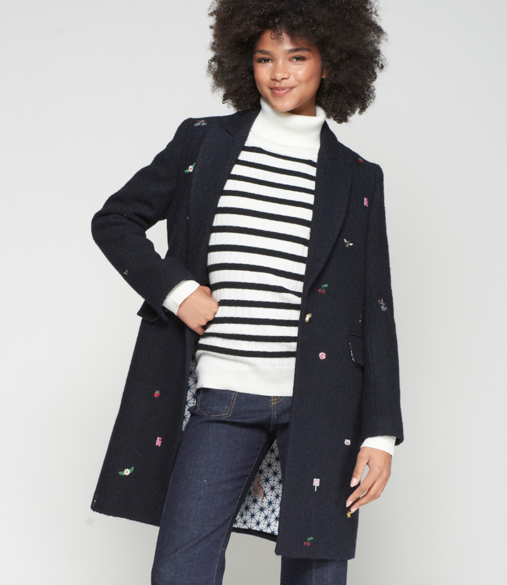 Vilagallo Navy Wool Coat w/Embroidery
