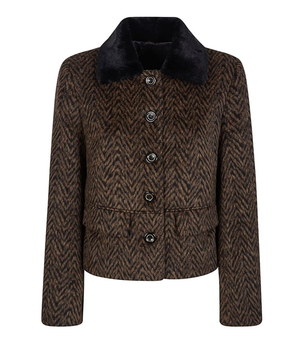 Purotatto Herringbone Short Jacket w/Fur Collar
