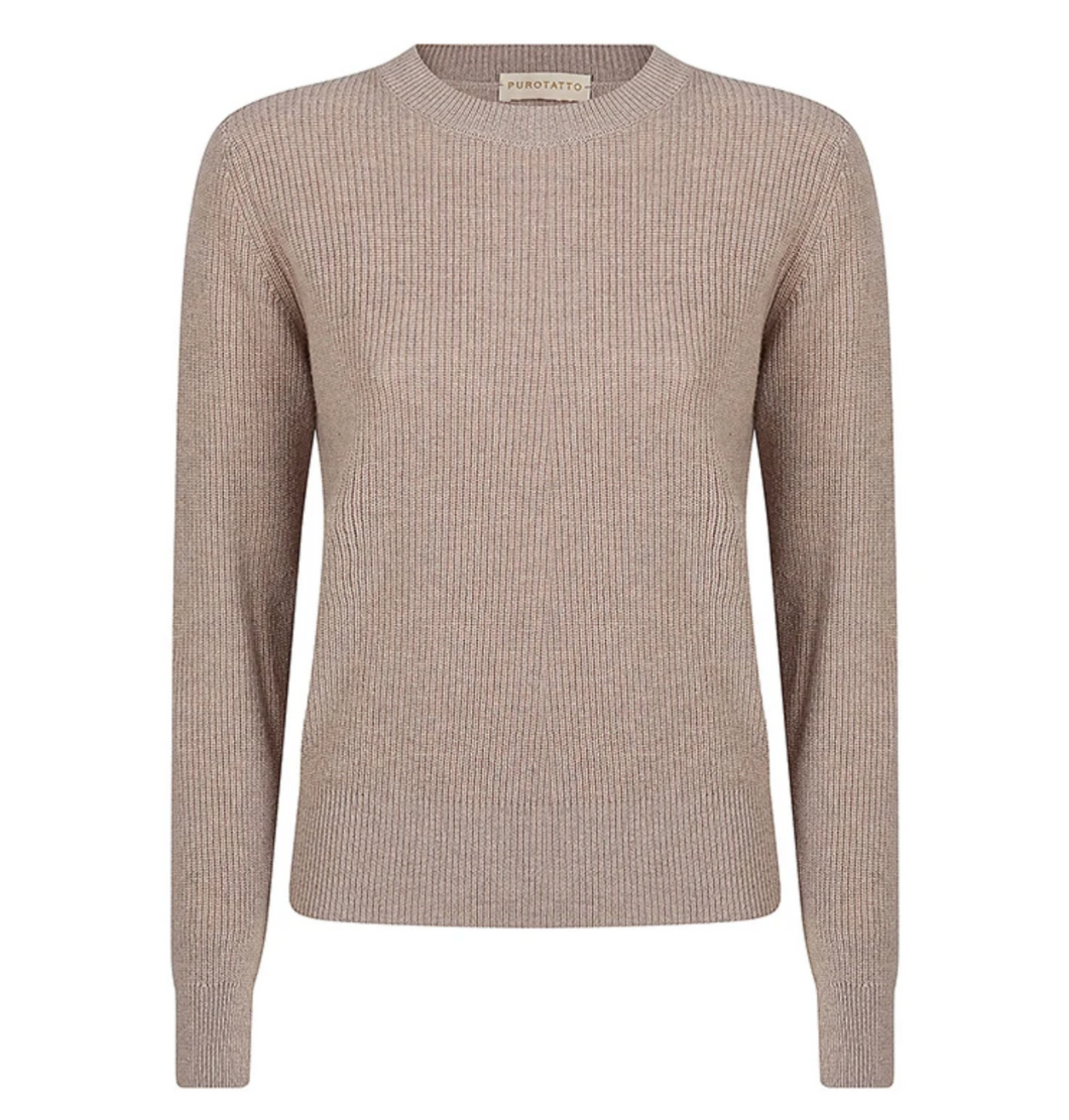 Purotatto Cashmere/Wool Blend Ribbed Crew Sweater Natural