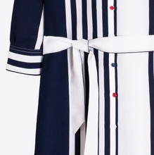 Load image into Gallery viewer, Vilagallo Navy and White Striped Shirt Dress

