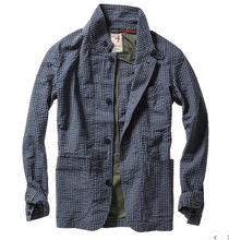 Load image into Gallery viewer, Relwen Tropical Trap Blazer Navy/Blue Seersucker Check
