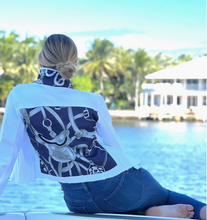 Load image into Gallery viewer, Stacy Bradley White Denim Jacket Silver Equestrian
