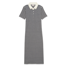 Load image into Gallery viewer, IDLF Romane Jersey Stripe Polo Dress Navy Ecru
