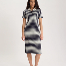 Load image into Gallery viewer, IDLF Romane Jersey Stripe Polo Dress Navy Ecru
