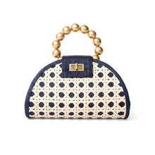 Load image into Gallery viewer, Soli &amp; Sun - Navy Blue &amp; Gold Woven Rattan Handbag
