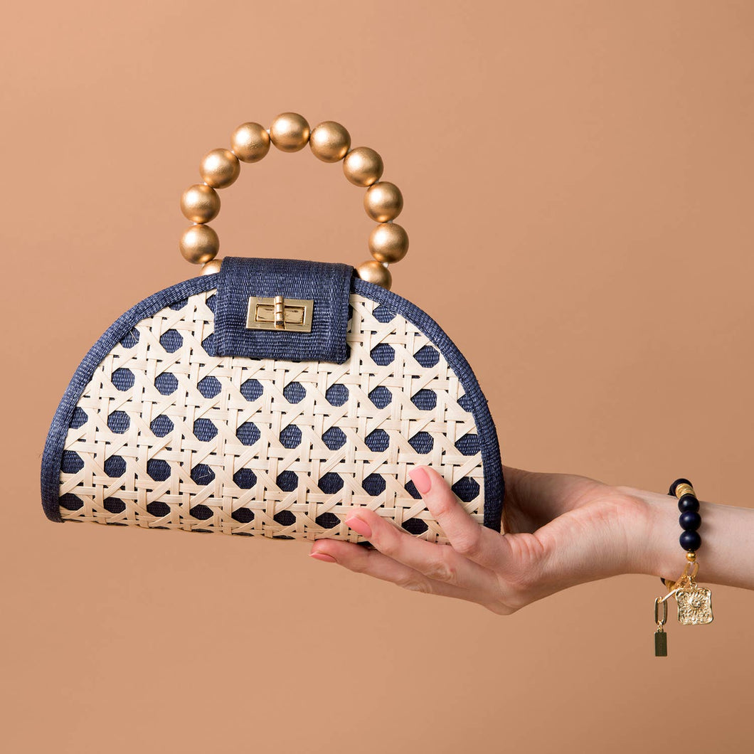 Soli & Sun - Navy Blue & Gold Woven Rattan Handbag