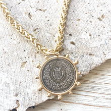 Load image into Gallery viewer, VB&amp;C Matte Gold Horse &amp; French Bee Coin Necklace
