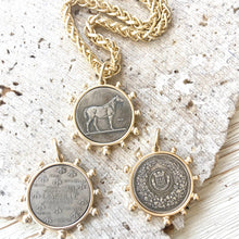 Load image into Gallery viewer, VB&amp;C Matte Gold Horse &amp; French Bee Coin Necklace
