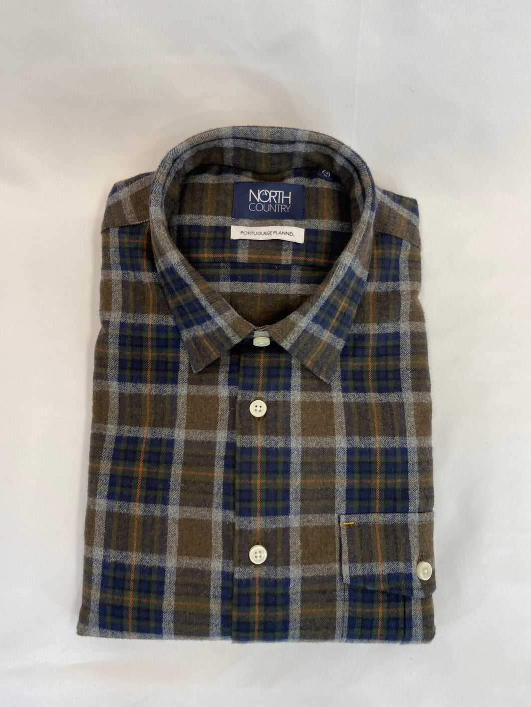 North Country Flannel Shirt Spread Collar Brown Navy Plaid