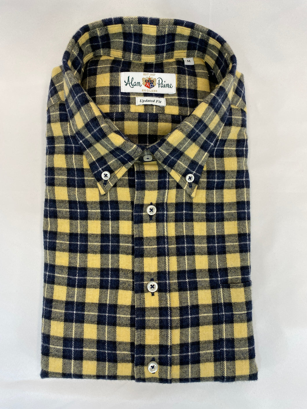 Alan Paine Flannel Button Down Shirt Yellow Grey Plaid