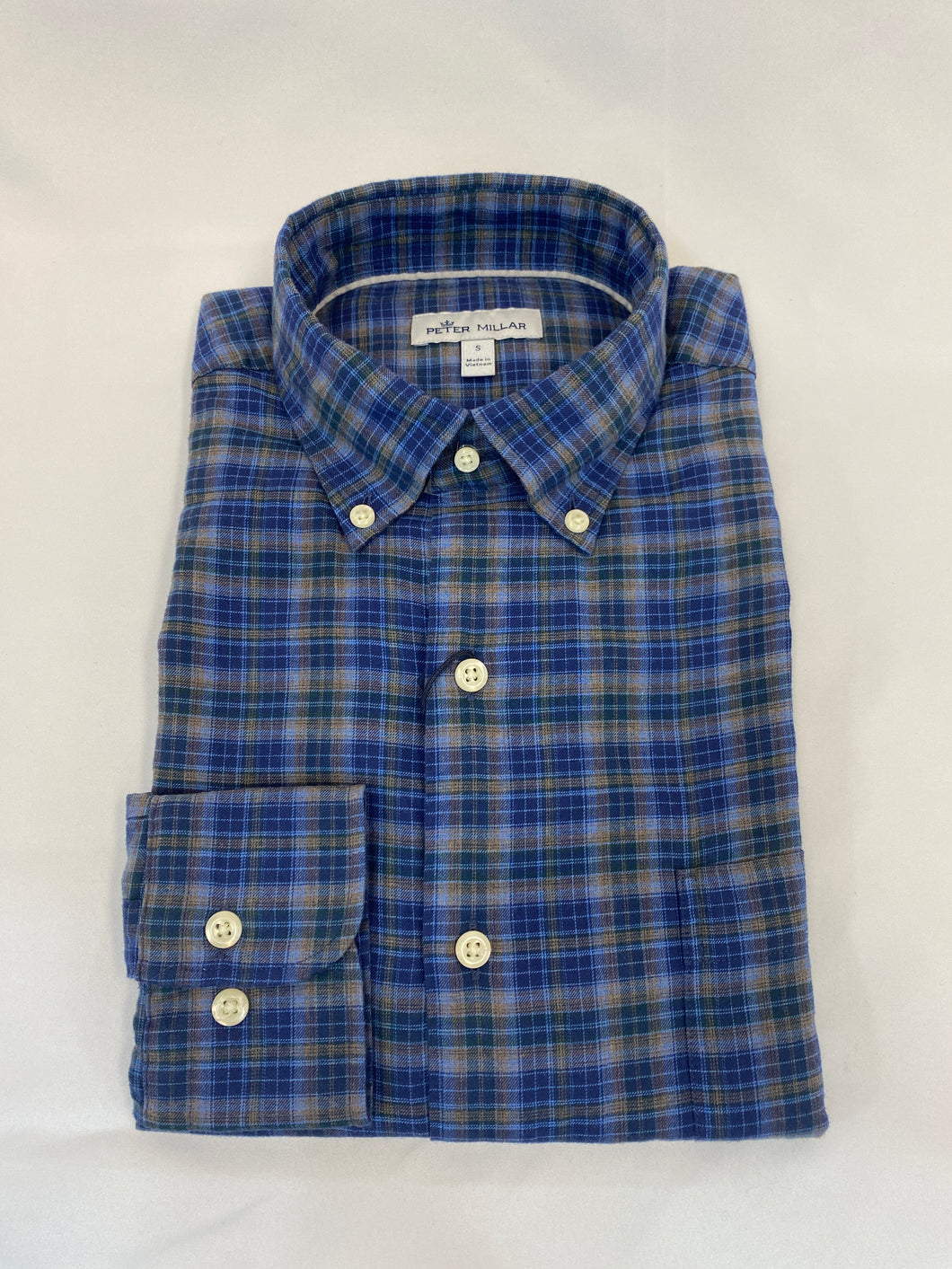 Peter Millar Sport Shirt in Navy/Brown Check Plaid with Button Down Collar