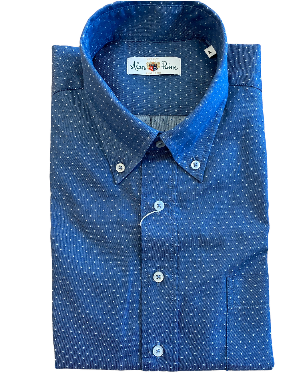 Alan Paine SS Classic BD Cotton Shirt - Blue w/White dots