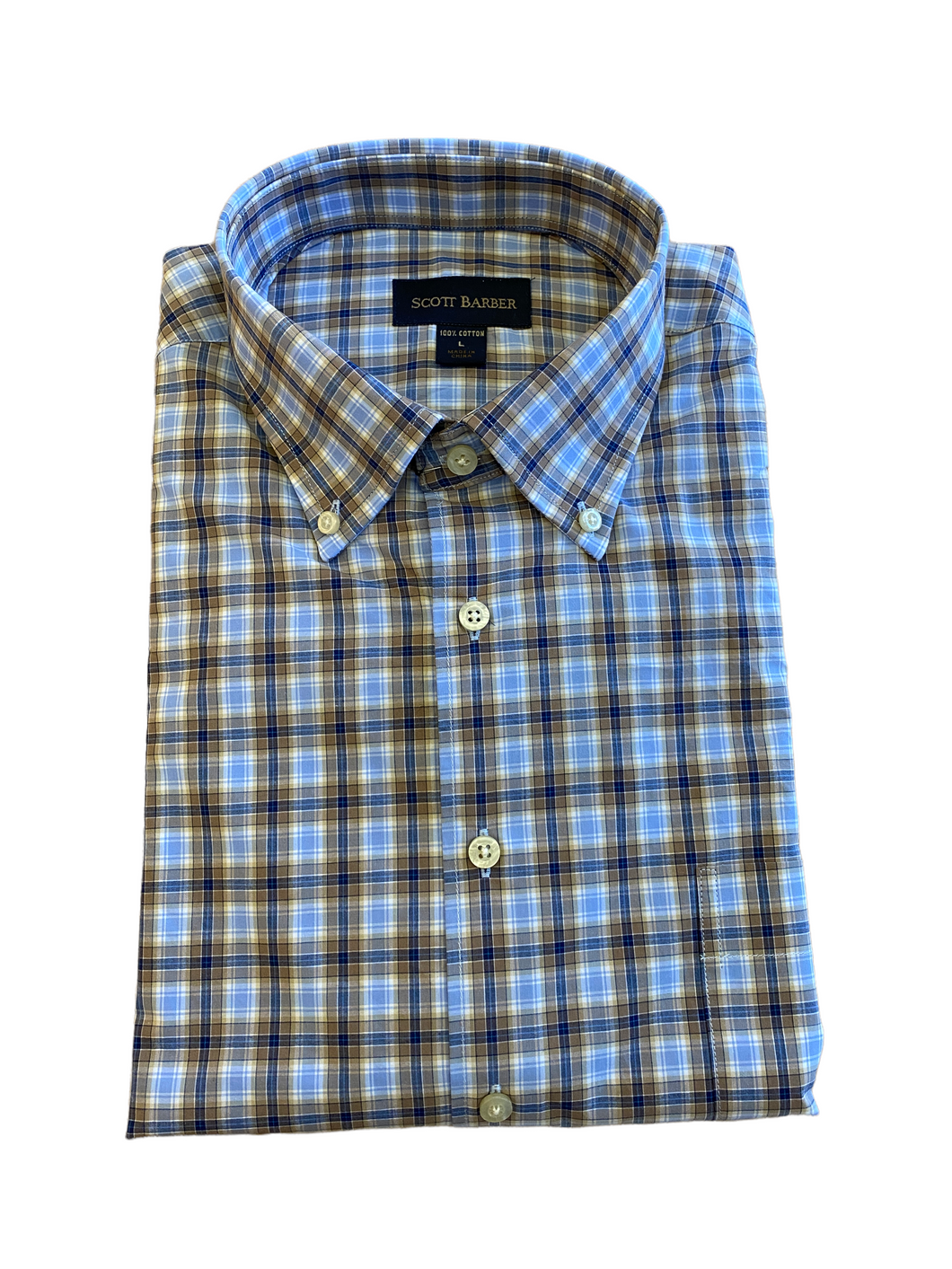 Scott Barber Classic BD Cotton Shirt Blue and Brown Plaid