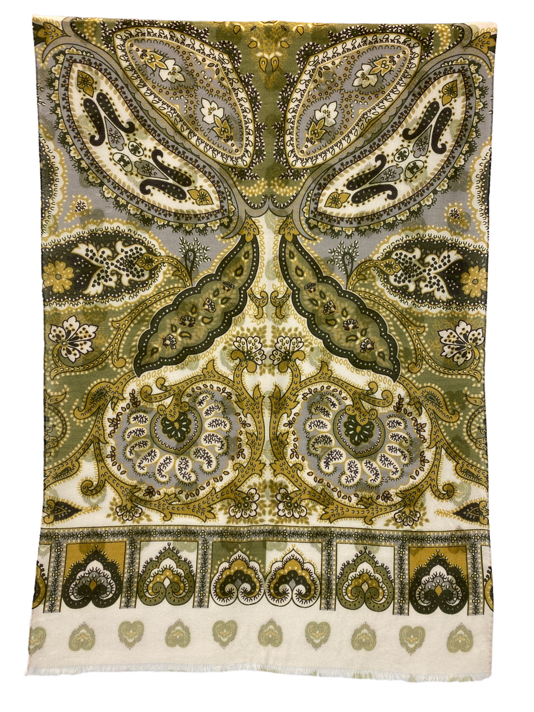 Calabrese Lambswool Scarf Paisley Hearts Olive/Mustard
