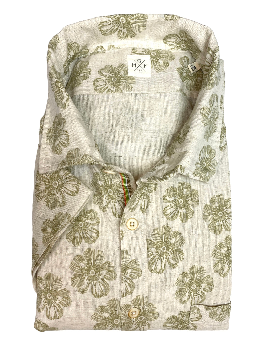 GMF 965 Short Sleeve Linen/Cotton Shirt Olive Floral